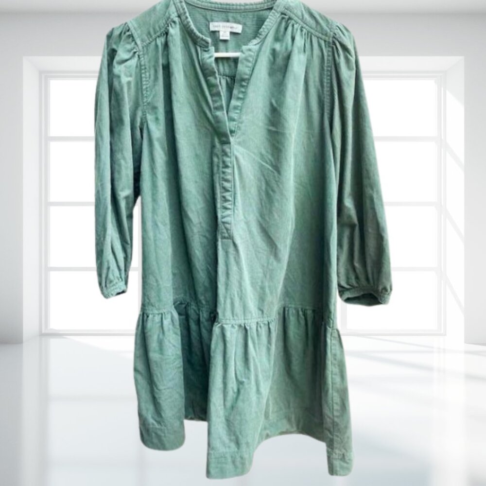 Free Assembly Green Corduroy Tiered Mini Swing Dress Puff Sleeve XS - Picture 2 of 8